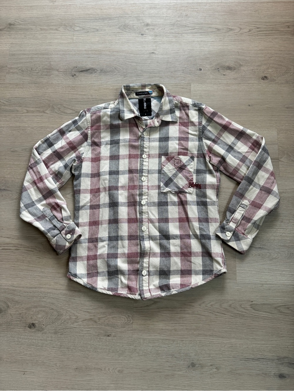 Billabong Men's Plaid Button-Down Shirt in Burgundy, Gray & White